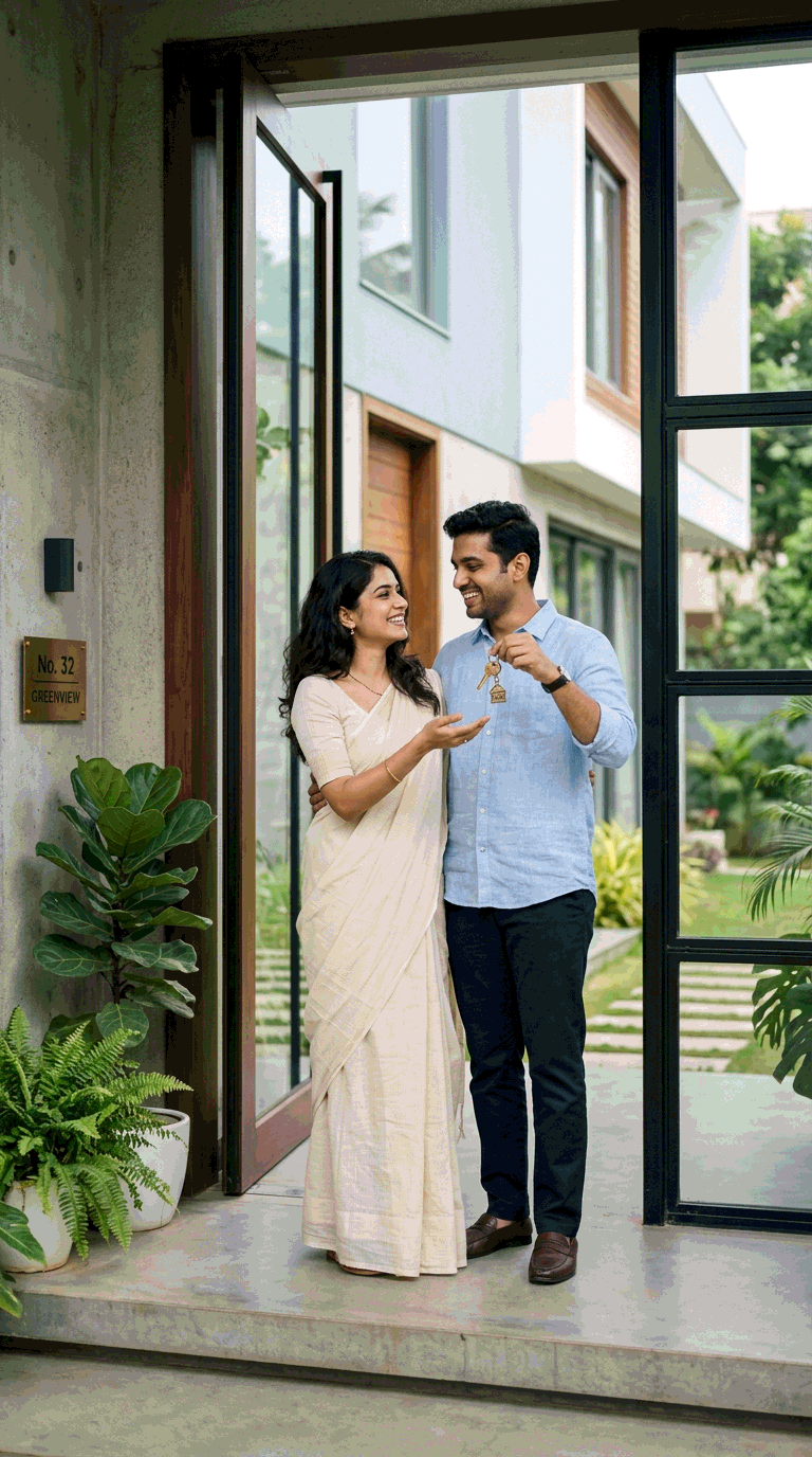 A young couple holding the keys to their new home